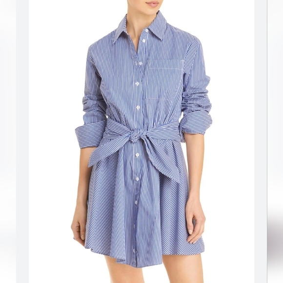 LINI Dresses & Skirts - Lini Blue White Striped Shirt Dress Small Button Front Tie Waist Circle Skirt